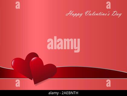 Two connected red hearts are placed on red wave with metallic edges . All is on trendy red gradient background . Stock Vector
