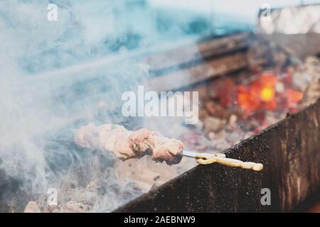 Spit roasted meat being fried on a charcoal grill, toned Stock Photo