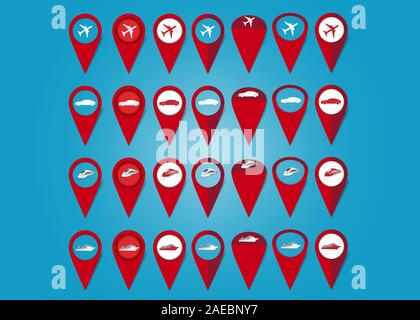 Vector showing set of seven different kinds of map pointers for each transportation icons - airplane, car, train and cruise ship. Stock Vector