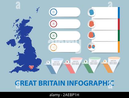 Infographic template for economic, sociological, demographic and other presentations. The blind map of Great Britain and a number of different blank l Stock Vector