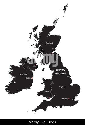 united kingdom and ireland map in black and white Stock Vector