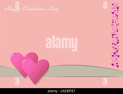 Two connected pink hearts are placed on wave with metallic edges . Many small red and pink hearts are placed on the right edge of the vector. All is o Stock Vector