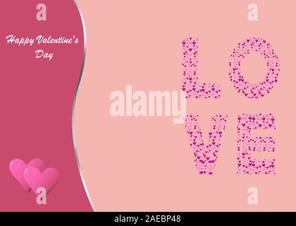 Two connected  hearts are placed on red wave with metallic edges . The inscription Love created from a number of hearts is on the right side of the ve Stock Vector