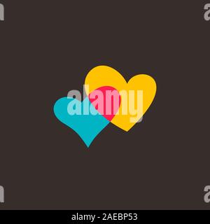 Hearts icon isolated on dark gray background Romantic hearts icon yellow, pink and blue. Love symbol. Happy valentines day and wedding design elements Stock Vector