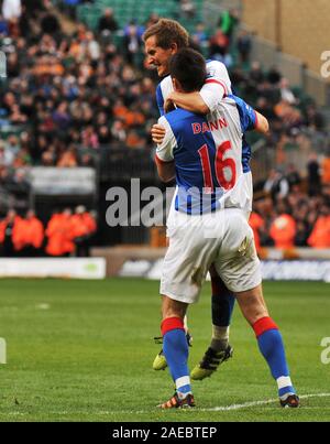 10th March 2012. Soccer - Premiership Football - Wolverhampton Wanderers Vs Blackburn Rovers. Scott Dann of Blackburn Rovers and Morten Garnst Pedersen of Blackburn Rovers celebrate .  Photographer: Paul Roberts/Oneuptop/Alamy. Stock Photo