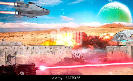 Sci-fi scene, distant future and other worlds. War scene, spaceships and fights with laser weapons. Space exploration and conquests. 3d render Stock Photo