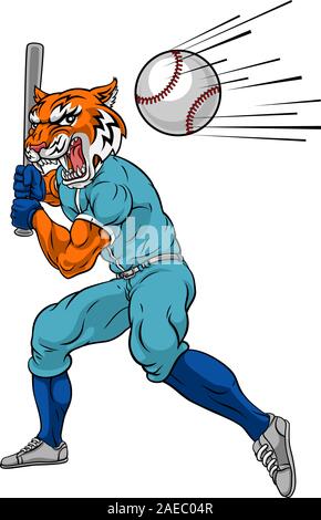 Tiger Baseball Player Mascot Swinging Bat at Ball Stock Vector