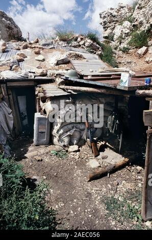 11th August 1993 During the Siege of Sarajevo: a Bosnian-Serb bunker on Mount Trebevic, above Sarajevo. At the doorway is a US Navy ammunition cannister. Stock Photo
