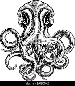 Octopus or Cthulhu Squid Monster Vintage Woodcut Stock Vector