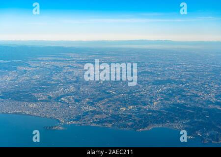 Aerial view of Shonan region in sunrise time with blue sky horizon background, Kanagawa Prefecture, Japan Stock Photo