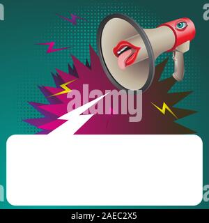Speaker horn with eyes and lips and space for text on isolated background. Vector image. Stock Vector