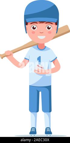 Boy baseball player is in a sports uniform in a helmet with a bat and ball. Little child is standing in baseball ammunition. Stock Vector