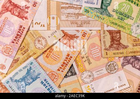 A composition of Moldovan leu. MDL banknotes providing great options to be used for illustrating subjects as business, banking, media, etc. Stock Photo