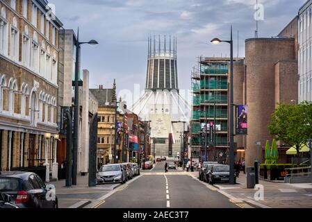 LIVERPOOL, ENGLAND - MAY 11,2015: The stark modern exterior of the Catholic Metropolitan Cathedral at the end of Hope Street in Liverpool. Stock Photo