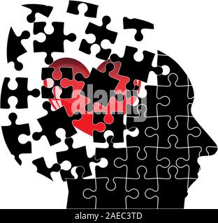 Jigsaw Puzzle head man with a heart shatters into pieces. Vector illustration. Stock Vector