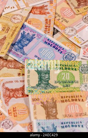 A composition of Moldovan leu. MDL banknotes providing great options to be used for illustrating subjects as business, banking, media, etc. Stock Photo