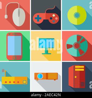 Collection modern flat icons computer mobile technology with long shadow effect for design. Vector illustration. Stock Vector