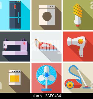 Collection modern flat icons household appliances with long shadow effect for design. Vector illustration. Stock Vector