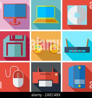 Collection modern flat icons media technology with long shadow effect for design. Vector illustration. Stock Vector