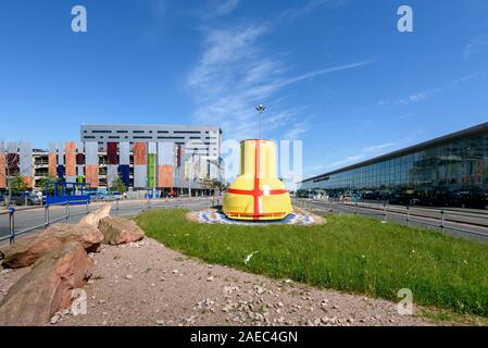 Liverpool, United Kingdom - May 13, 2015: The Yellow Submarine  is a large model representation of the submarine in located a the Liverpool airport. Stock Photo