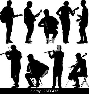 Silhouettes street musicians playing instruments. Vector illustration. Stock Vector