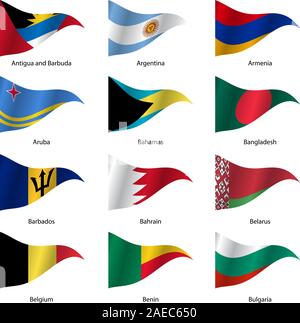 Set  Flags of world sovereign states triangular shaped. Vector illustration. Stock Vector