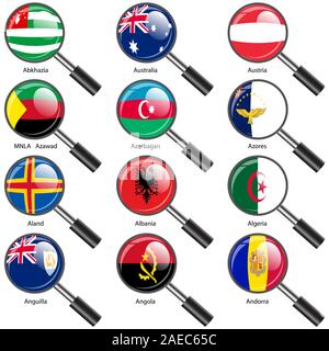 Set  Flags of world sovereign states magnifying glass. Vector illustration. Set number 1. Exact colors. Easy changes. Stock Vector