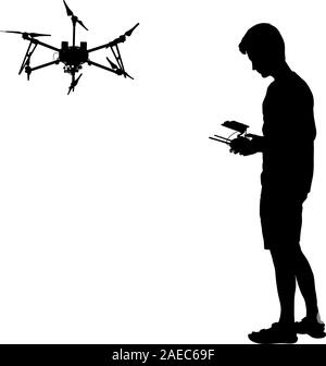 Black silhouette of a man operates unmanned quadcopter vector illustration. Stock Vector