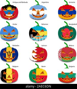 Set pumpkins for Halloween as a flags of the world. Vector illustration. Stock Vector