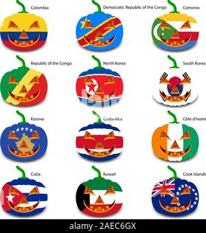 Set pumpkins for Halloween as a flags of the world. Vector illustration. Stock Vector