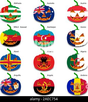 Set pumpkins for Halloween as a flags of the world. Vector illustration. Stock Vector