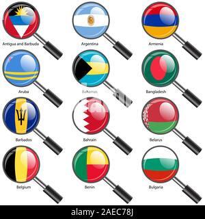 Set  Flags of world sovereign states magnifying glass. Vector illustration. Set number 2. Exact colors. Easy changes. Stock Vector