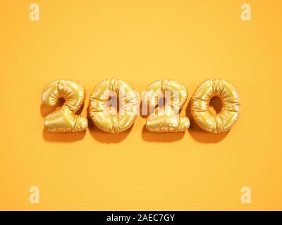 Christmas and Happy new year 2020 balloon orange golden numbers on a yellow background. 3d rendering Happy New Year 2020 logo design. Stock Photo