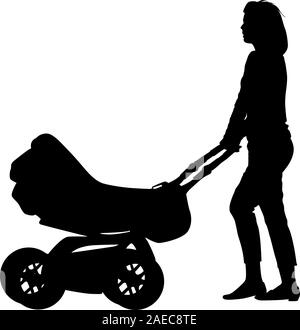 Silhouettes  walkings mothers with baby strollers. Vector illustration. Stock Vector