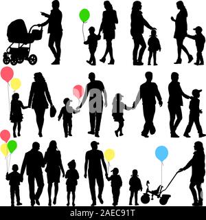 Black set of silhouettes of parents and children on white background. Vector illustration. Stock Vector
