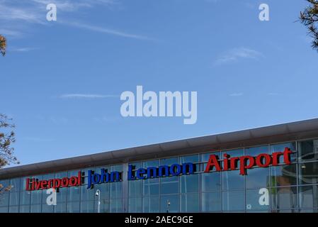 Liverpool, United Kingdom - May 13, 2015:Facade view of John Lennon  Terminal at Liverpool airport (LPL) in the United Kingdom. Stock Photo