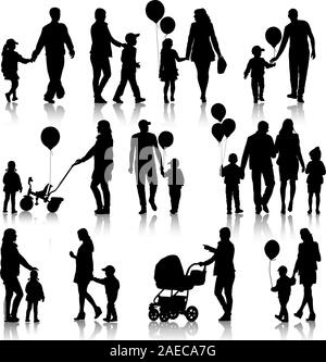 Black set of silhouettes of parents and children on white background. Vector illustration. Stock Vector