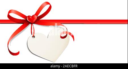 curled red bow with little heart button and heart shaped tag Stock Vector