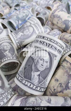 Real US $1 / One Dollar bill / Greenback & bank training lookalikes. For Dollar exchange rate, Wall Street, $ bills, US banking crisis, US debt, fraud Stock Photo