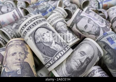 Real US $1 / One Dollar bill / Greenback & bank training lookalikes. For Dollar exchange rate, Wall Street, $ bills, US banking crisis, US debt, fraud Stock Photo