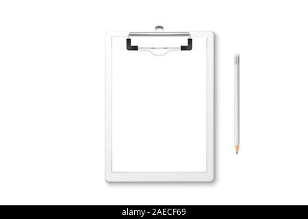 Vector 3d Realistic White Clipboard with Blank Paper, Metal Clip, Wood Pencil Set Closeup Isolated on White Background. Design Template for Notes Stock Vector
