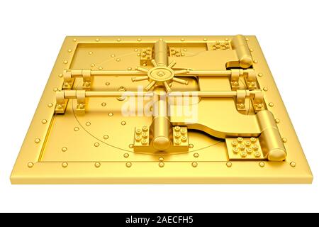 Front view of light gold bank vault door, closed. The door to the bank vault isolated on white background. 3D Render Stock Photo