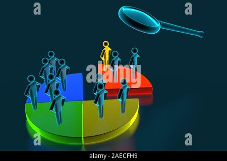Businesspeople Analyzing Market Segment Using Magnifying Glass. Different groups of 3D men occupy different shares in the business schedule. 3d rendering Stock Photo