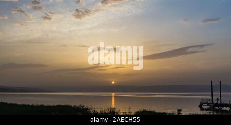 Sunrise at the Sea of Galilee.  The Sea of Galilee is one of the most familiar bodies of water in the Bible, especially to readers of the Gospels. Stock Photo