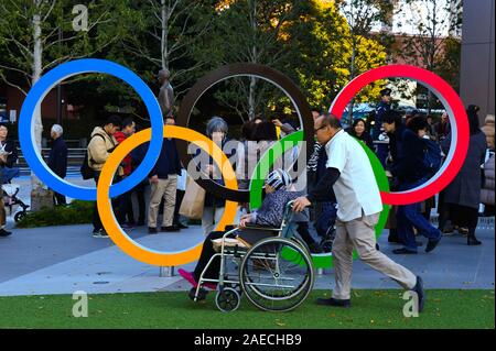 Tokyo, Japan. 8th Dec, 2019. The iconic olympic symbol can be seen near the entrance of the Japan Olympic Museum in Tokyo, Japan on December 7, 2019. Photo by: Ramiro Agustin Vargas Tabares Credit: Ramiro Agustin Vargas Tabares/ZUMA Wire/Alamy Live News Stock Photo