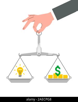 Idea is money business concept. Businessman holds in hand balance scales with dollar sign and light bulb. Stock Vector