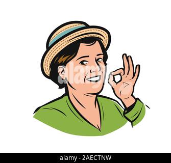 Portrait of happy woman in hat. Farmer logo vector illustration Stock Vector