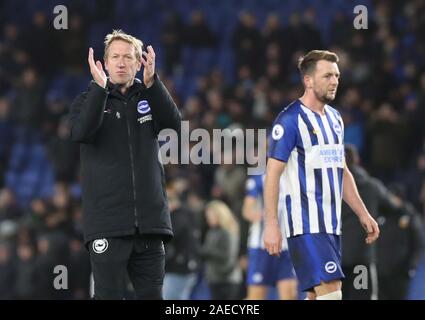 Brighton's manager Graham Potter applauds the fans after  the Premier League match between Brighton & Hove Albion and Wolverhampton Wanderers at The Amex Stadium in Brighton. 08 December 2019 Stock Photo