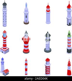 Lighthouse icons set, isometric style Stock Vector
