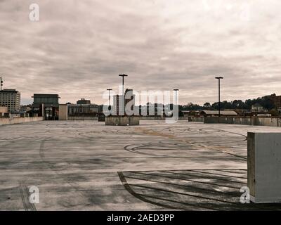Empty parking garage top floor parking lot in Montgomery Alabama, USA. Stock Photo